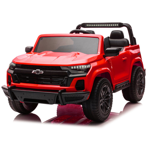Red Chevrolet Colorado 24V kids ride-on pickup truck with remote control and realistic design