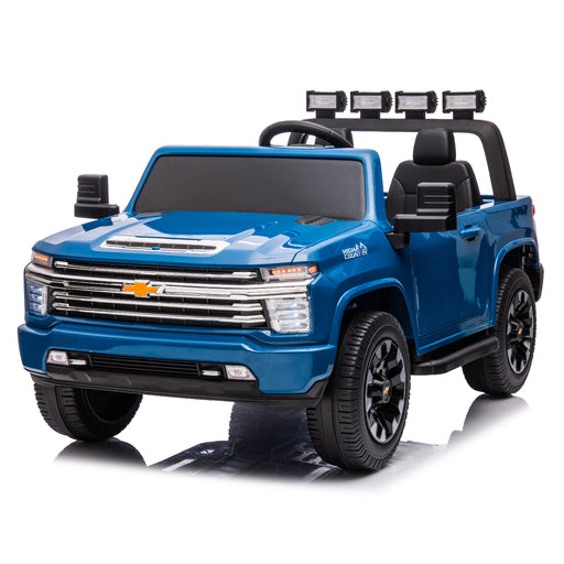 Front view of Chevrolet Silverado 12V ride-on truck for kids in blue