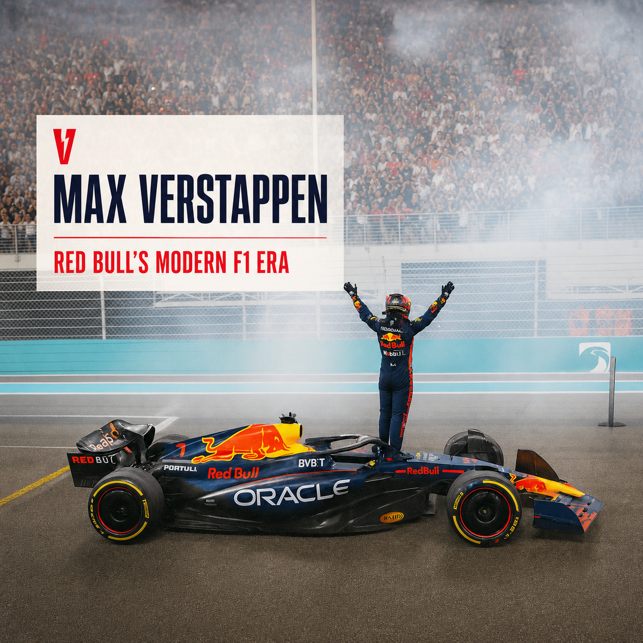 Editorial racing graphic about Max Verstappen and Red Bull’s modern Formula 1 era