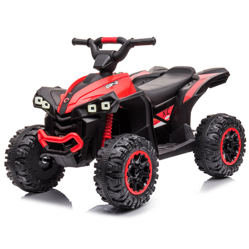 Red 12V kids' ride-on ATV with realistic headlights, chunky wheels, handlebar steering and a black seat.