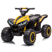 Yellow 12V kids ride-on ATV with black trim, handlebar steering, treaded wheels and front headlights.