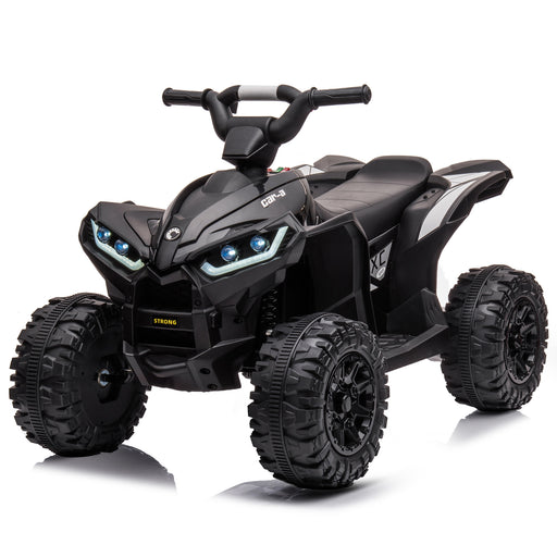 Black 12V kids electric ride-on ATV with handlebar steering, a single seat, headlights and large treaded wheels.