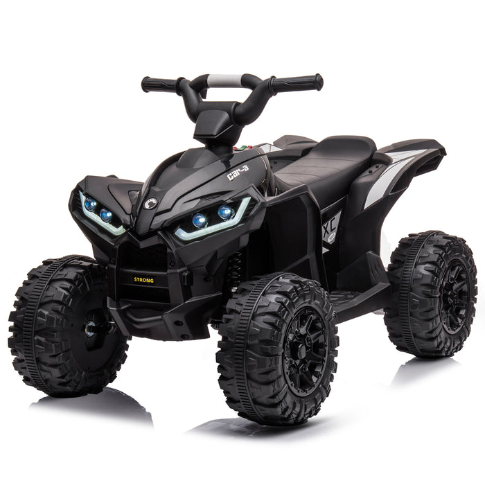 Black 12V kids electric ride-on ATV with handlebar steering, a single seat, headlights and large treaded wheels.