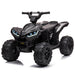 Black 12V kids electric ride-on ATV with handlebar steering, a single seat, headlights and large treaded wheels.
