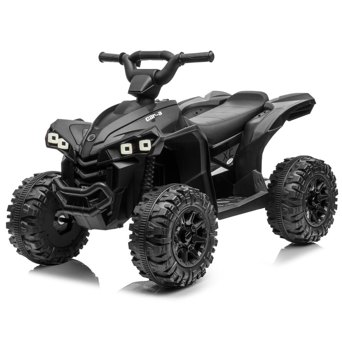 Black 12V kids' electric ride-on quad with realistic headlights, treaded wheels and a rear basket.