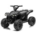 Black 12V kids' electric ride-on quad with realistic headlights, treaded wheels and a rear basket.