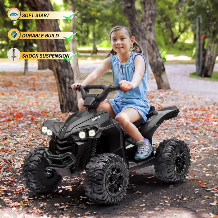 Child riding a black 12V kids' electric ATV outdoors on a leaf-covered path, alongside product feature graphics.