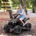Child riding a black 12V kids' electric ATV outdoors on a leaf-covered path, alongside product feature graphics.