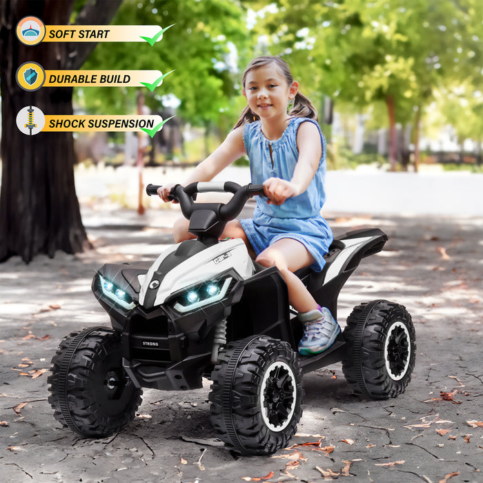 Child riding a white 12V kids electric ATV outdoors, with graphics highlighting suspension, soft start and treaded tires.