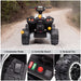 White 12V kids ride-on ATV from the rear, with close-ups of the foot pedal, control panel and treaded wheels.