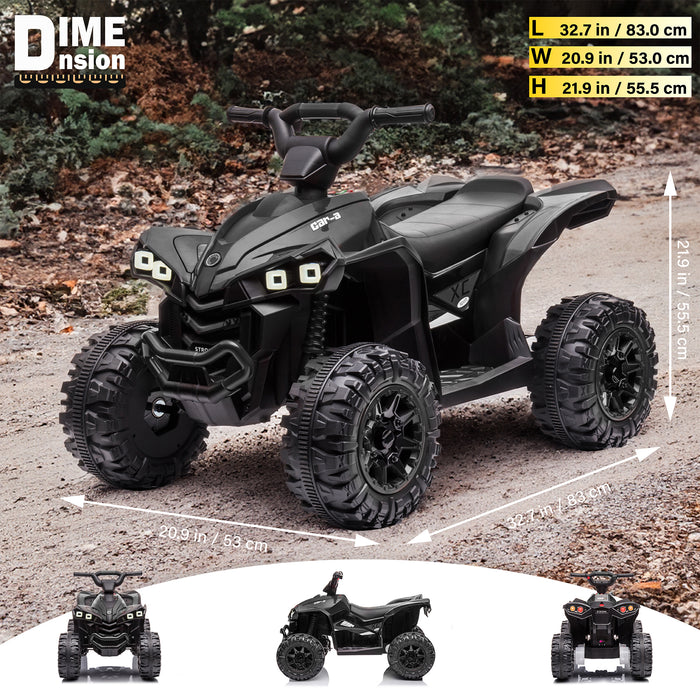 Black 12V kids' ride-on ATV with length, width and height markings plus front, side and rear views.