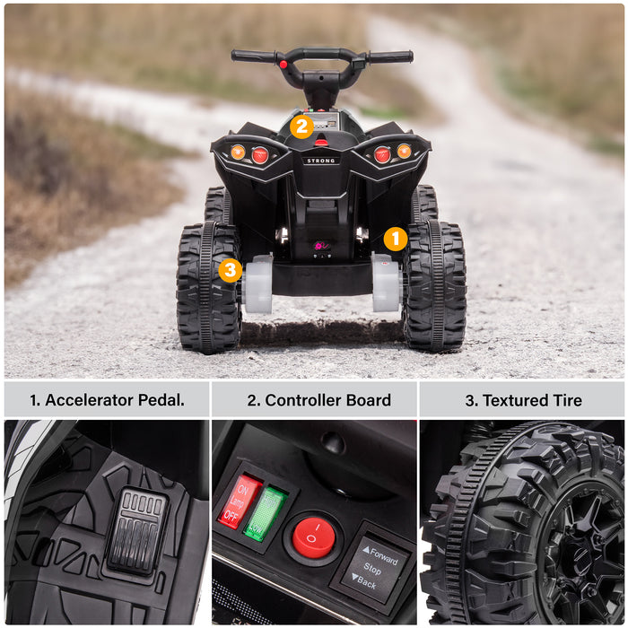 Black 12V kids' electric ATV with close-up views of the headlights, accelerator pedal, control switches and tires.