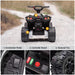 Black 12V kids' electric ATV with close-up views of the headlights, accelerator pedal, control switches and tires.