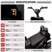 A product specification infographic for a black children's electric ride-on toy. The layout includes photos of the toy's LED headlight, handlebars, and spacious seating, alongside a text list detailing features such as dual motors, 30 kg load capacity, age 2+, 12V battery, 3 km/h speed, and 8-12 hour charging time. Ford F-150 Raptor 12V kids' ride-on ATV specification chart with headlight, handlebar and seating detail views