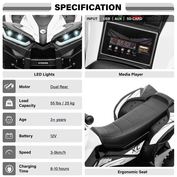 12V kids ride-on ATV specification chart with close-ups of the headlights, media player and contoured seat.