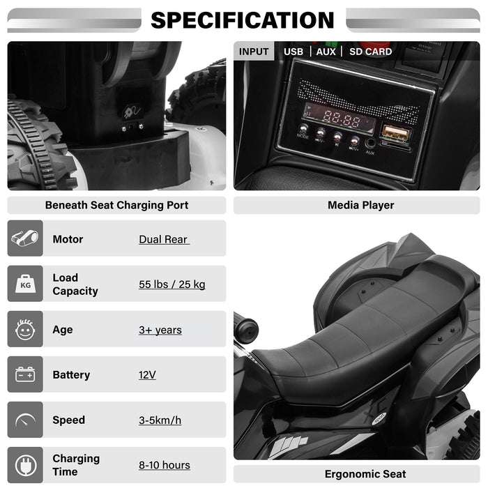 12V kids' ride-on ATV specification chart with headlight, control and seating detail photographs