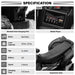 12V kids' ride-on ATV specification chart with headlight, control and seating detail photographs