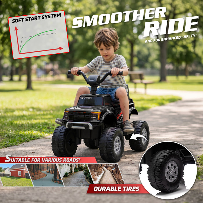 Child riding a black Ford F-150 Raptor 12V kids' electric ATV outdoors, with wheel and ride-comfort detail insets.