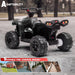 Black 12V kids' ride-on ATV shown from a rear three-quarter angle, highlighting its wheels and outdoor styling.