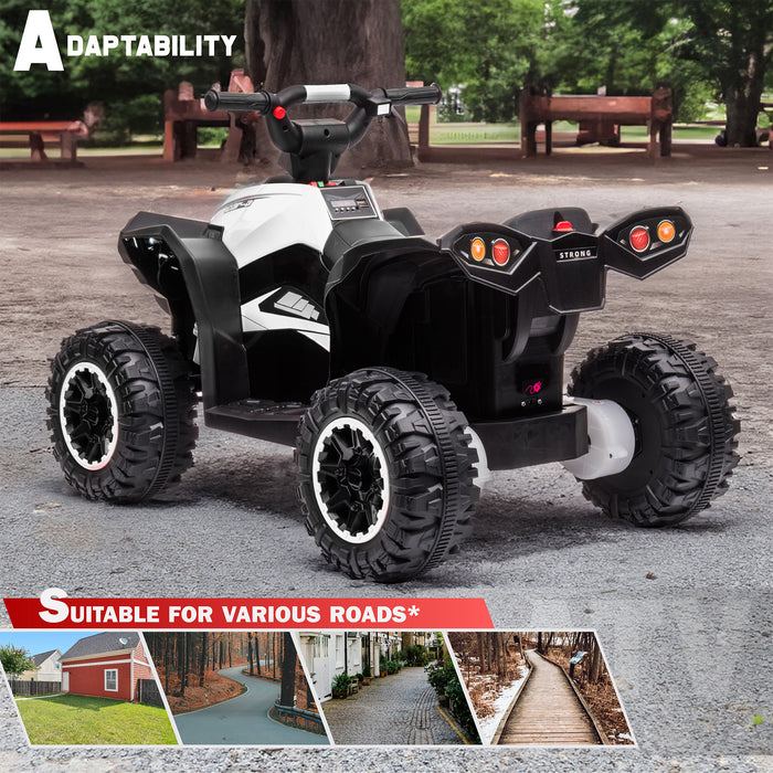view-outdoor-80578.jpg	White 12V kids electric ride-on quad shown outdoors from the rear, highlighting its treaded tires and ATV styling.