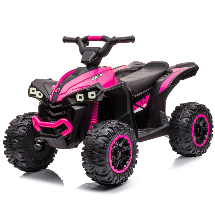 Pink 12V kids' electric ride-on ATV with matching wheel accents, a black seat and realistic headlights.