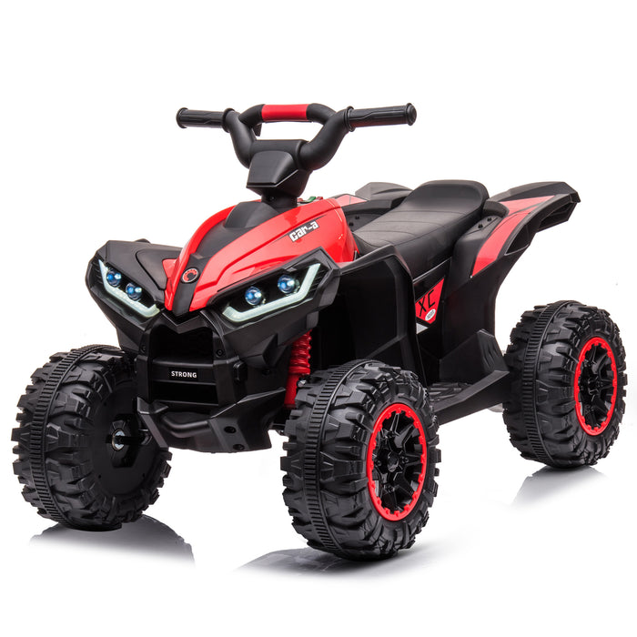 A black 12V off-road ATV ride-on car toy for kids with realistic lights, showing front view. atv-red-80578.jpg	Red 12V kids electric ride-on ATV with a black seat, handlebar steering, treaded wheels and front headlights.