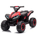A black 12V off-road ATV ride-on car toy for kids with realistic lights, showing front view. atv-red-80578.jpg	Red 12V kids electric ride-on ATV with a black seat, handlebar steering, treaded wheels and front headlights.