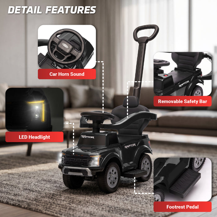 Black Ford F-150 Raptor kids' push car with close-ups of the steering wheel, headlights, push handle and footrests.