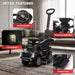 Black Ford F-150 Raptor kids' push car with close-ups of the steering wheel, headlights, push handle and footrests.