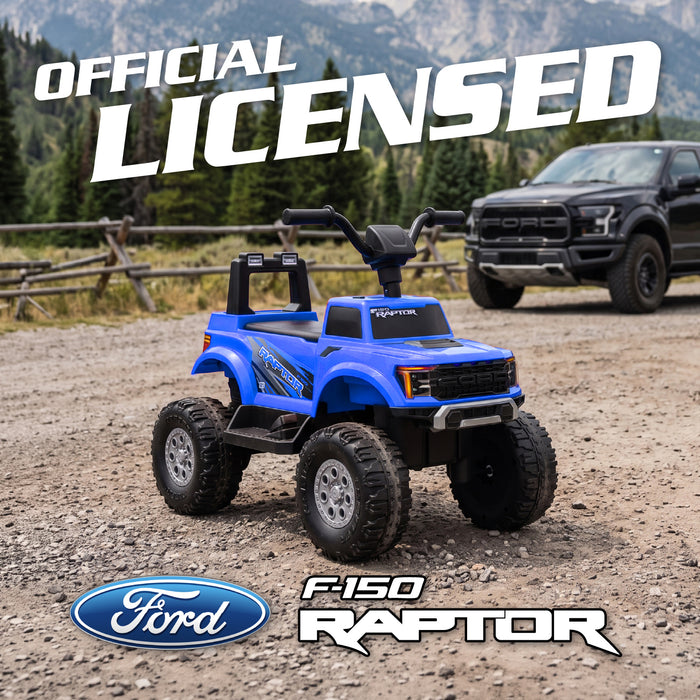 Blue officially licensed Ford F-150 Raptor 12V kids' electric quad with matching Ford pickup styling.