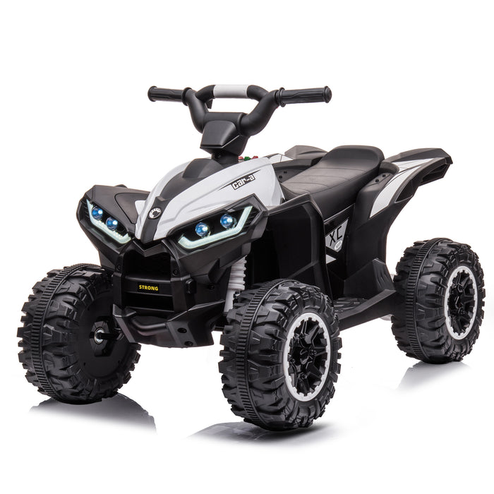 White 12V battery-powered kids ATV with black body accents, a single seat, treaded wheels and front headlights.