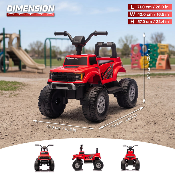 Red Ford F-150 Raptor kids' ride-on ATV with length, width and height measurements plus front, side and rear views.