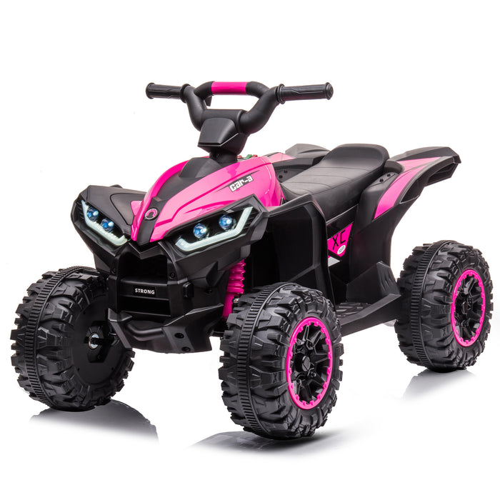 Pink 12V kids ride-on ATV with black body accents, handlebar steering, a single seat and large treaded wheels.