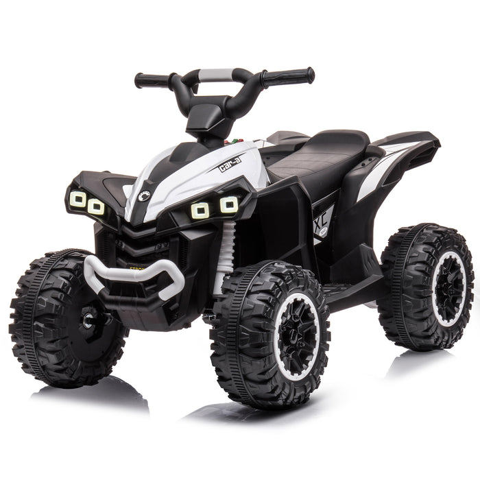 White 12V kids' ride-on ATV with black body accents, handlebar steering, treaded wheels and front headlights