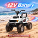 White Ford F-150 Raptor battery-powered kids' ATV with a 12V battery graphic and outdoor driving scene.