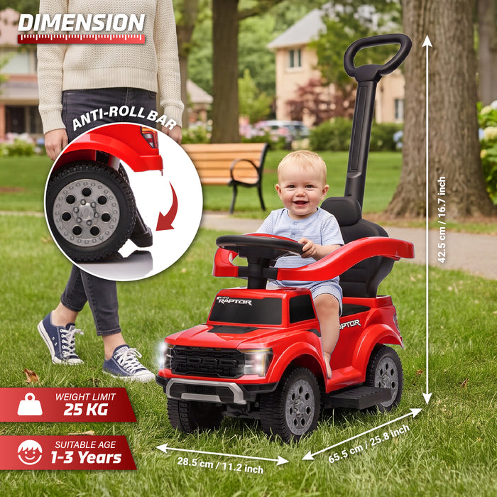 Child riding a red Ford F-150 Raptor kids' push car outdoors, with dimension markings and a wheel detail inset.