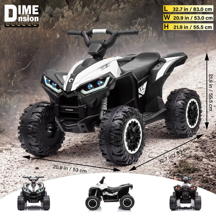 White 12V kids ride-on ATV with length, width and height measurements, plus front, side and rear views.