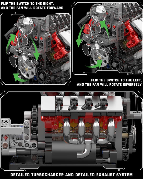 Mould King 10225 V8 Engine Model Kit That Runs - 855PCS STEM Building Set
