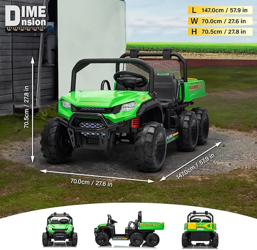 Green toy tractor with measurements and details on a grassy area