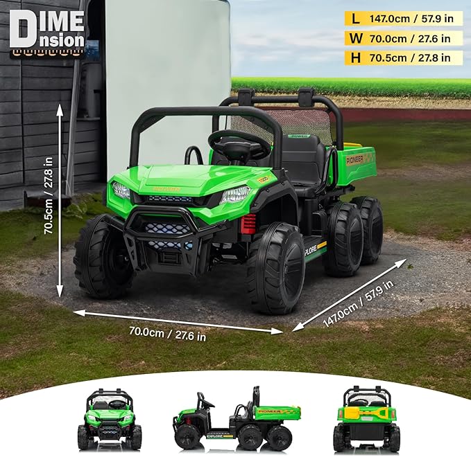 Green toy tractor with measurements and details on a grassy area