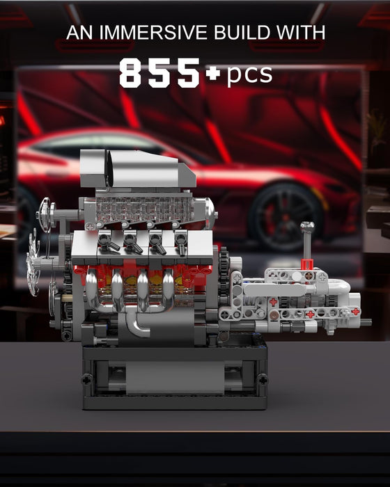 Mould King 10225 V8 Engine Model Kit That Runs - 855PCS STEM Building Set