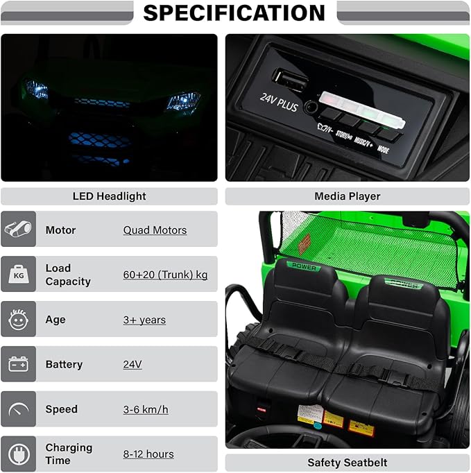 Specifications of a green toy car with LED headlight, media player, and safety seatbelt.