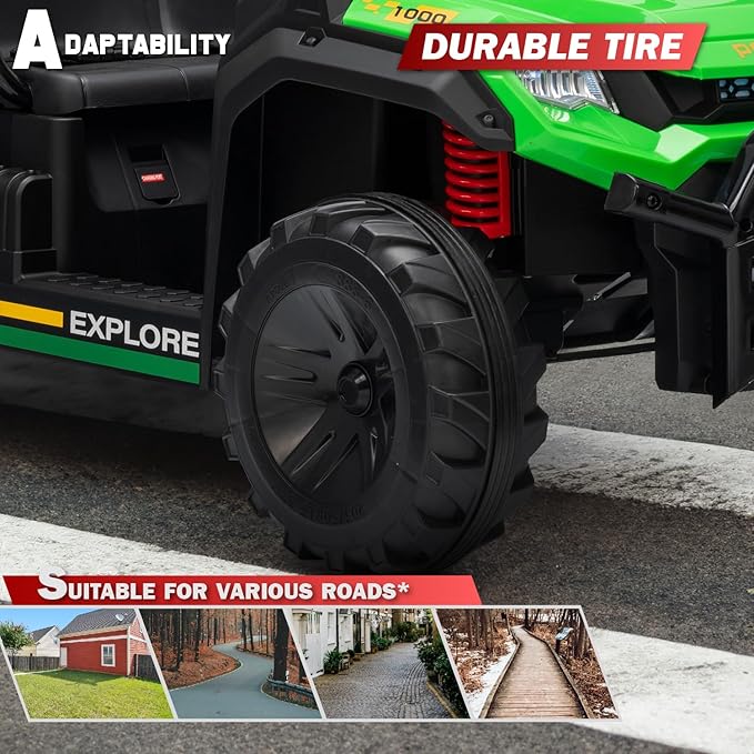 Close-up of a green toy truck with a durable tire, emphasizing adaptability and suitability for various roads.