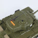 Close-up of a green military tank model with visible details on a white background