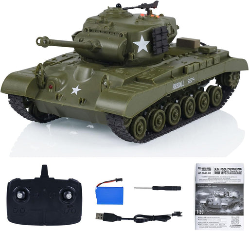 Green toy tank with remote control, battery, and instructions on a white background