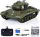 Green toy tank with remote control, battery, and instructions on a white background