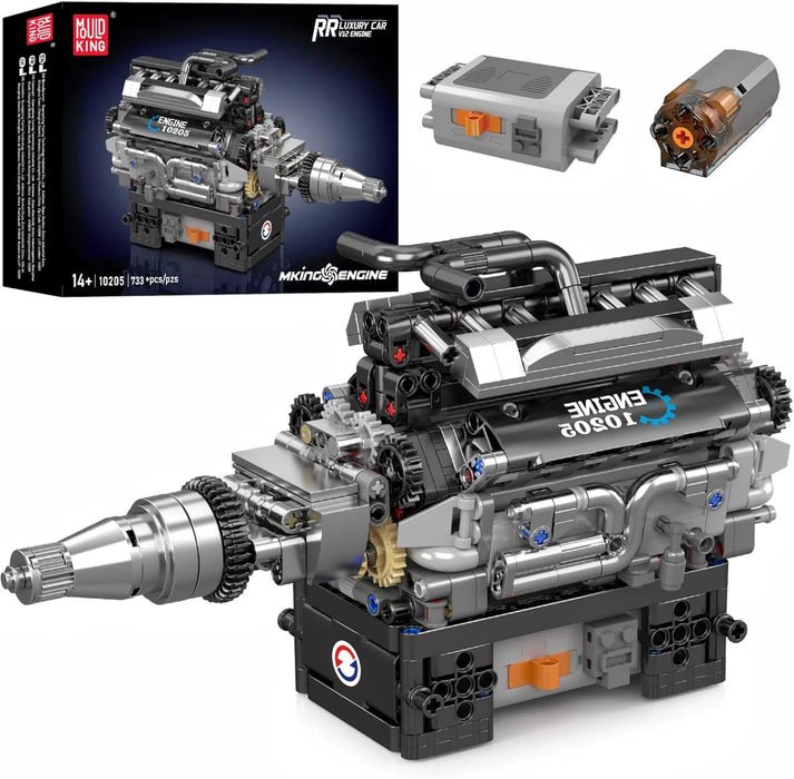 Model engine building set with detailed components and packaging on a white background