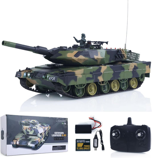 Camouflage toy tank with remote control and accessories on a white background