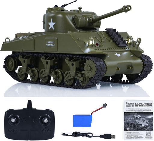 Toy tank with remote control and accessories on a white background