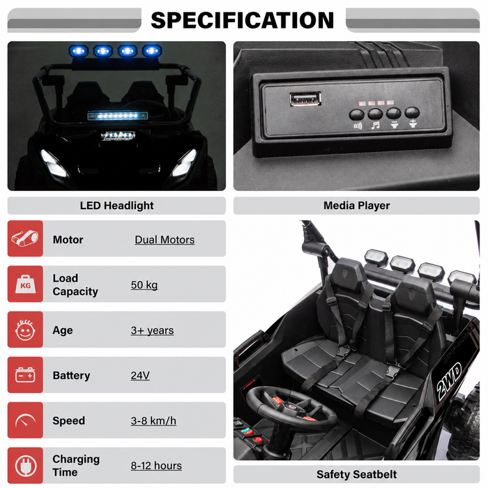 Desert Strike Buggy 24V 2 Seater Kids Ride-On UTV with LED Lights
